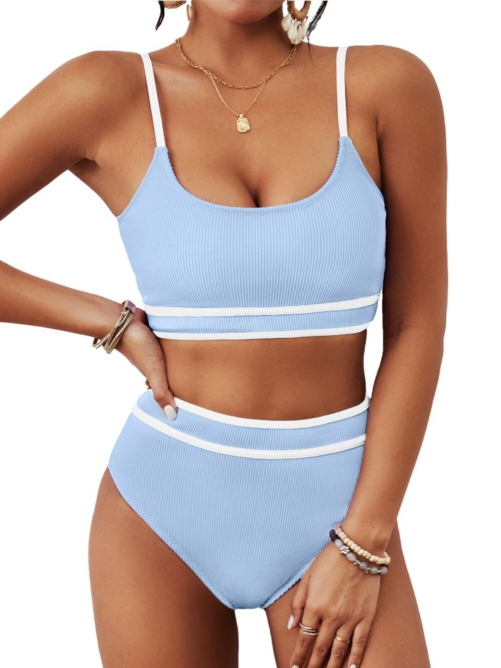 High Waisted Bikini Ribbed Two Piece Swimsuit High Cut Color Block M baby Blue